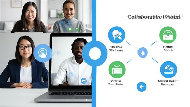 Virtual Team Collaboration Meeting, Professionals, Online Workspace, Business Environment, Split-Screen, Remote Work Concept