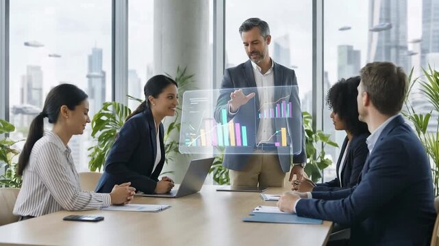Strategic Meeting: A group of professionals engages in a meeting, with the leader presenting insightful information, and a transparent display with charts.