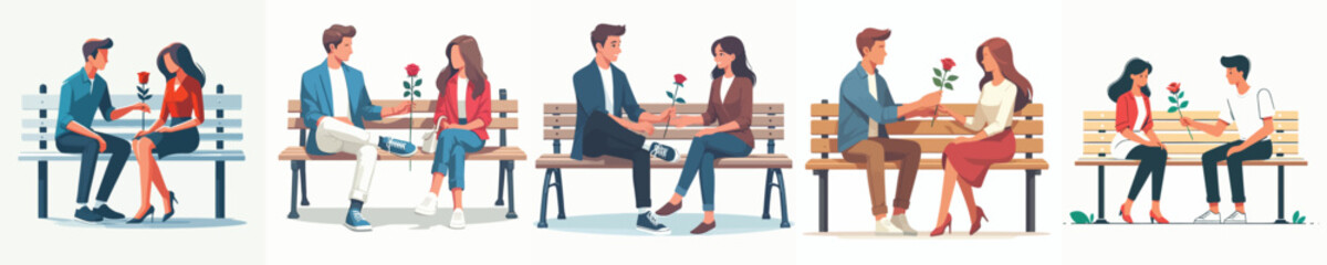 Obraz premium vector of couple sitting on park bench giving rose on Valentine's Day