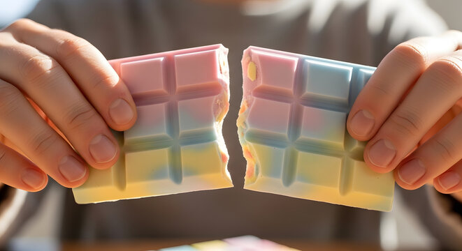Close up hands snapping a multi colored pastel chocolate bar in half revealing a soft cream filling inside under bright sunlight