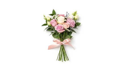Fototapeta premium Bouquet of Pink and White Roses with Green Leaves and Pink Bow stock (30