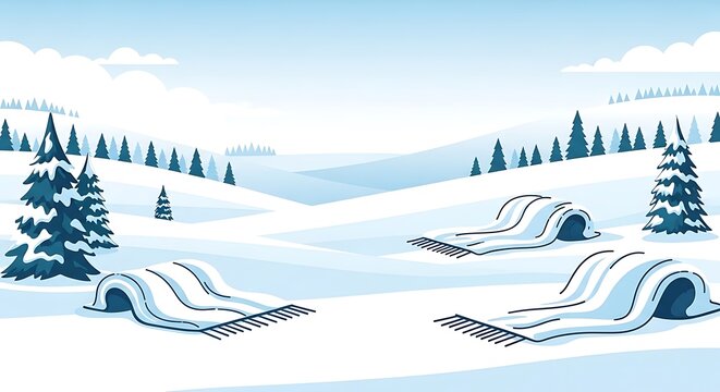 A whimsical vector illustration of a snowy winter landscape featuring rolling white hills, pine trees, and striped blue carpets partially buried in the snow under a bright sky.
