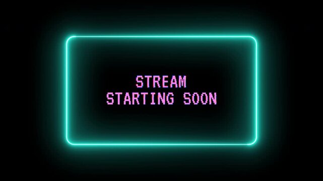 Neon stream starting soon screen with glitch text and glowing cyan rectangle frame, loop animation, alpha channel for livestream intro, 4K video