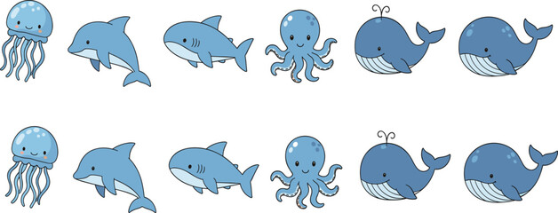 Cute cartoon sea animals set with dolphin shark whale jellyfish and octopus kids vector illustration collection © Daloara PNG Store