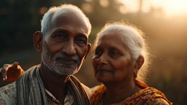 Elderly indian couple embracing affectionately in a warm, soft-focus outdoor setting during sunset.