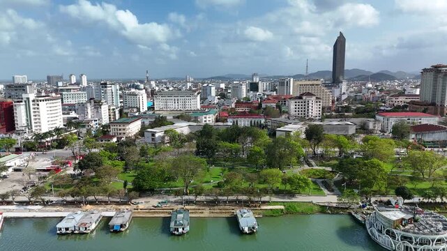Hue City, Vietnam &ndash; 4K aerial drone footage of Perfume River, Truong Tien Bridge, historic skyline and urban waterfront