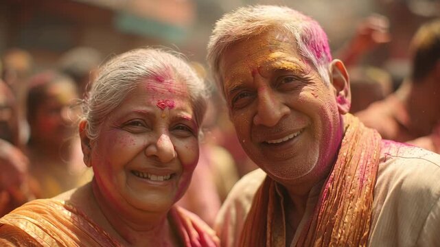 A warm, vibrant close-up captures a joyful old indian couple smiling, covered in colorful holi powder during an outdoor festival.