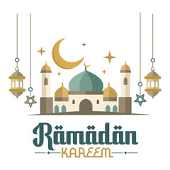 Flat of mosque with teal domes and crescent moon for Ramadan Kareem © Tarek