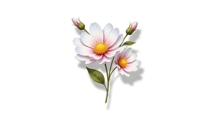Obraz premium Two White and Pink Cosmos Flowers with Buds on White Background white petals pink edges