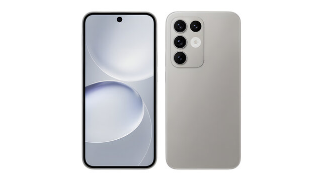Two gray smartphones with camera lenses on transparent background