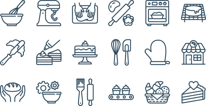Comprehensive collection of line art icons depicting various baking activities, bakery tools, confectionery processes, and sweet dessert creations