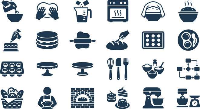 Extensive collection of baking and cooking icons illustrating essential kitchen processes and various culinary tools