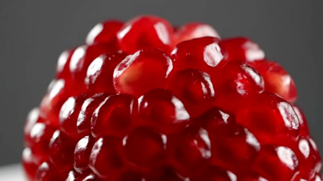Close-up of a ripe pomegranate arils on a dark background.