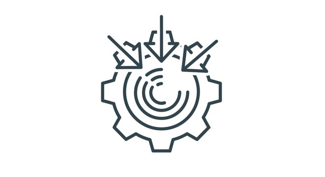 Abstract icon representing incoming data streams converging into a central processing mechanism or mechanical system for analysis