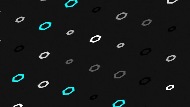 Abstract dark background with a repeating pattern of small, elongated hexagonal shapes in cyan, white, and gray colors.