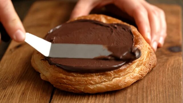Person spreading chocolate on a round pastry with a knife on a wooden surface.