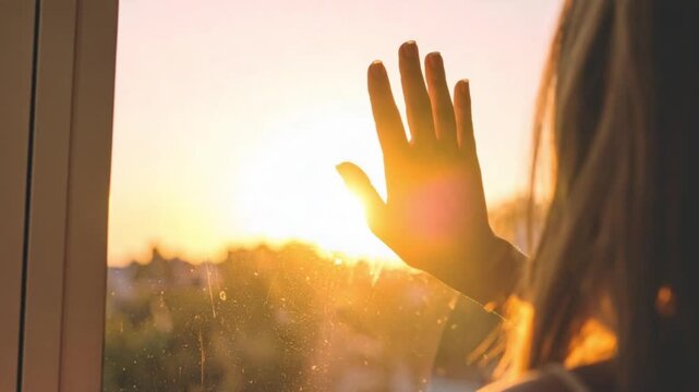 Person's hand touching windowpane with warm golden hour sunset light