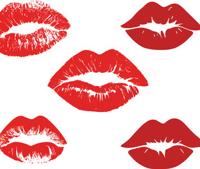 A vibrant vector illustration set of red lips and lipstick marks symbolizing love and beauty for fashion design or a romantic Valentine makeup cosmetic print