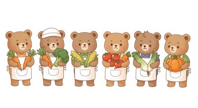set of 6 Adorable bear character wearing an apron and holding vegetables, digital storybook illustration, warm and gentle mood, isolated on white background