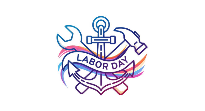Vibrant Labor Day illustration featuring an anchor wrench and hammer emblem for workforce