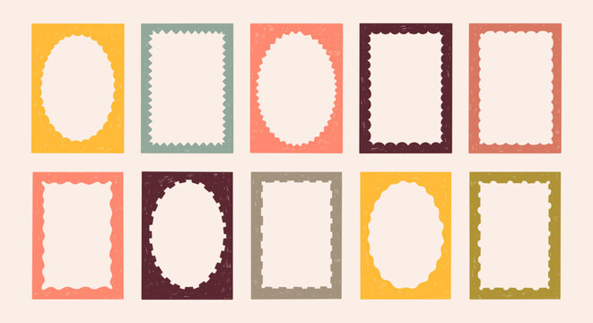 Wavy, scallop and zig zag rectangles frames. Hand drawn colorfull grunge rectangle shapes, photo or text boxes in retro style.