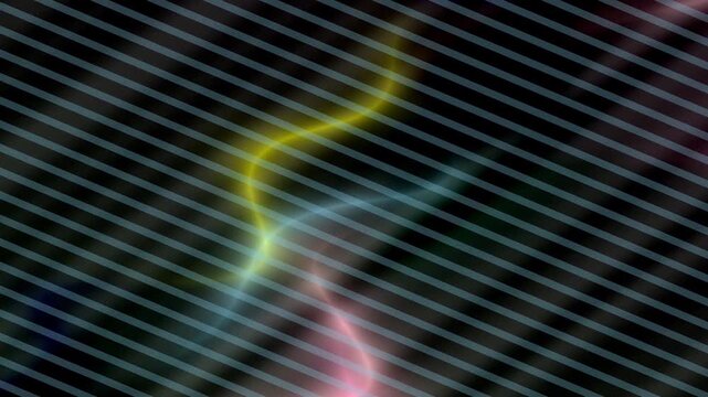Abstract dark background with glowing wavy lines and a diagonal grid pattern.