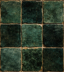 Fototapeta premium Rustic Dark Green Square Tiles Texture, Aged Weathered Ceramic Mosaic Background with Emerald Patina, Traditional Handmade Stone Wall or Floor Backdrop for Interior Design and Decoration