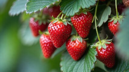 Fresh red strawberries growing on lush green leaves in garden.