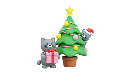 Cute cartoon cats and Christmas tree with gifts
