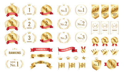 Ranking badge and award medal laurel wreath and ribbon icon set