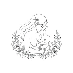 Mother breastfeeding baby surrounded by lilies, nurturing bond, maternal love illustration