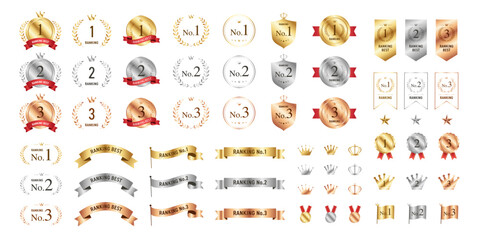 Ranking badge and award medal icon set, gold silver bronze vector