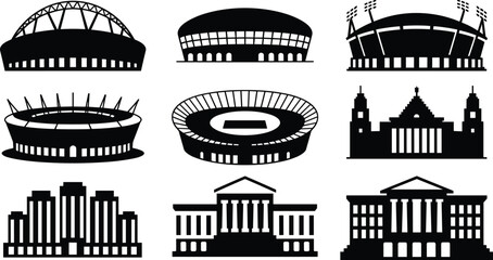 Collection of stadium and classical building silhouettes icons set, modern architecture landmarks, sports arena exteriors, government institutions, city  © SreemotiArponaBala