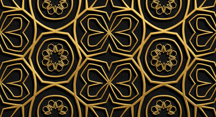 Repeating Geometric Pattern with Golden Floral and Quatrefoil Motifs