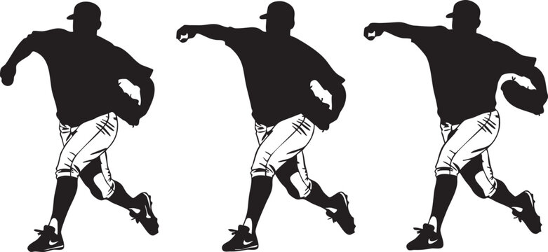 Silhouette of baseball player throwing ball in three stages