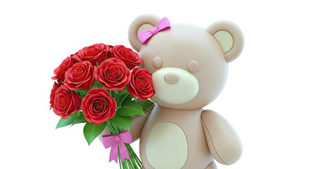 Teddy Bear Holding Red Roses and Pink Bow