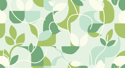 Abstract Botanical Pattern with Green Leaves and Organic Shapes