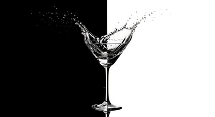 A wine glass with splashing liquid on a contrasting black and white background from a front viewpoint