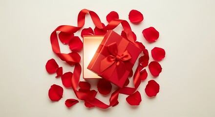 A luxurious red gift box surrounded by rose petals and ribbon on a plain white surface, viewed from directly above