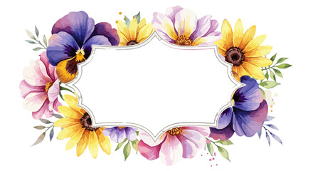 Obraz premium Ornate floral frame with purple pansies and yellow sunflowers on transparent background Keywords: floral frame, flower border