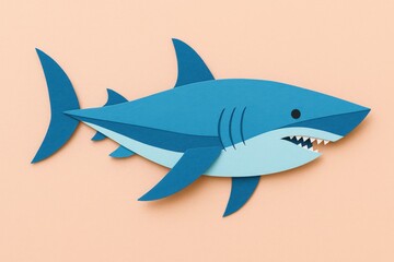 Naklejka premium Modern paper-cut style illustration of a blue shark with layered shapes and clean edges, featuring a friendly yet dynamic look on a soft pastel background.