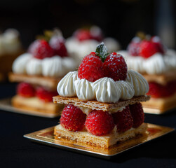 Dessert display featuring layered cake with berries and cream in a bakery