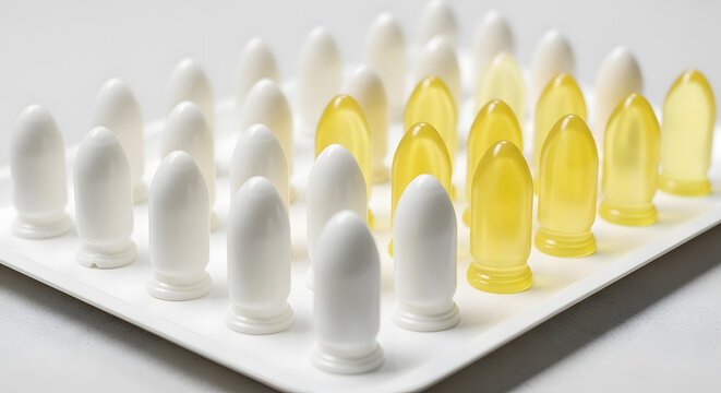A collection of white and translucent yellow medical capsules arranged on a clean white surface