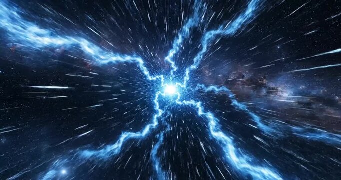 Dynamic blue lightning bolts radiating from a central point in a cosmic space background