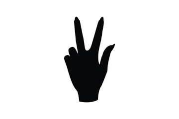 Silhouette of hand showing victory sign with painted nails on white background