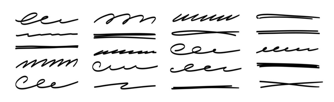 Line underline vector set. Hand drawn line brush marker pen stroke underline, emphasis doodle highlight..Handwritten scribble paint ink sketch symbol casual text highlight. Vector illustration.