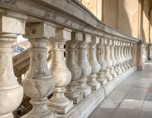 Marble balustrade detail. Classic architecture with curved supports and soft light casting shadows