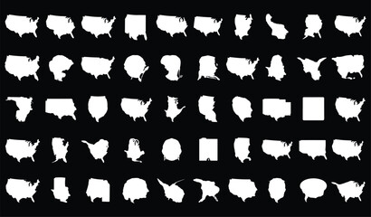 USA states map silhouette, America state map vector outline of all 50 states of united states of America for geography, educational, learning tool