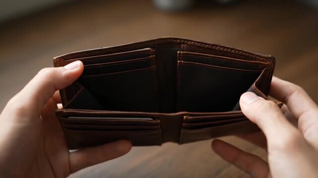 Close up of hands holding empty brown leather wallet showing poverty