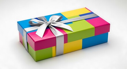 A multi-colored gift box with a silver ribbon, viewed from an angle on a plain surface.